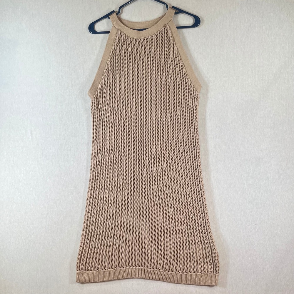 Quince Mini Sweater Dress Large Organic Cotton Ribbed Tan Beige Soft